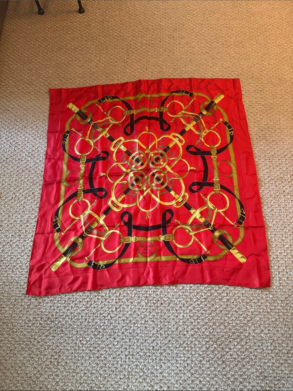 Hermes Red Silk Scarf with Gold and Black Equestrian Motif